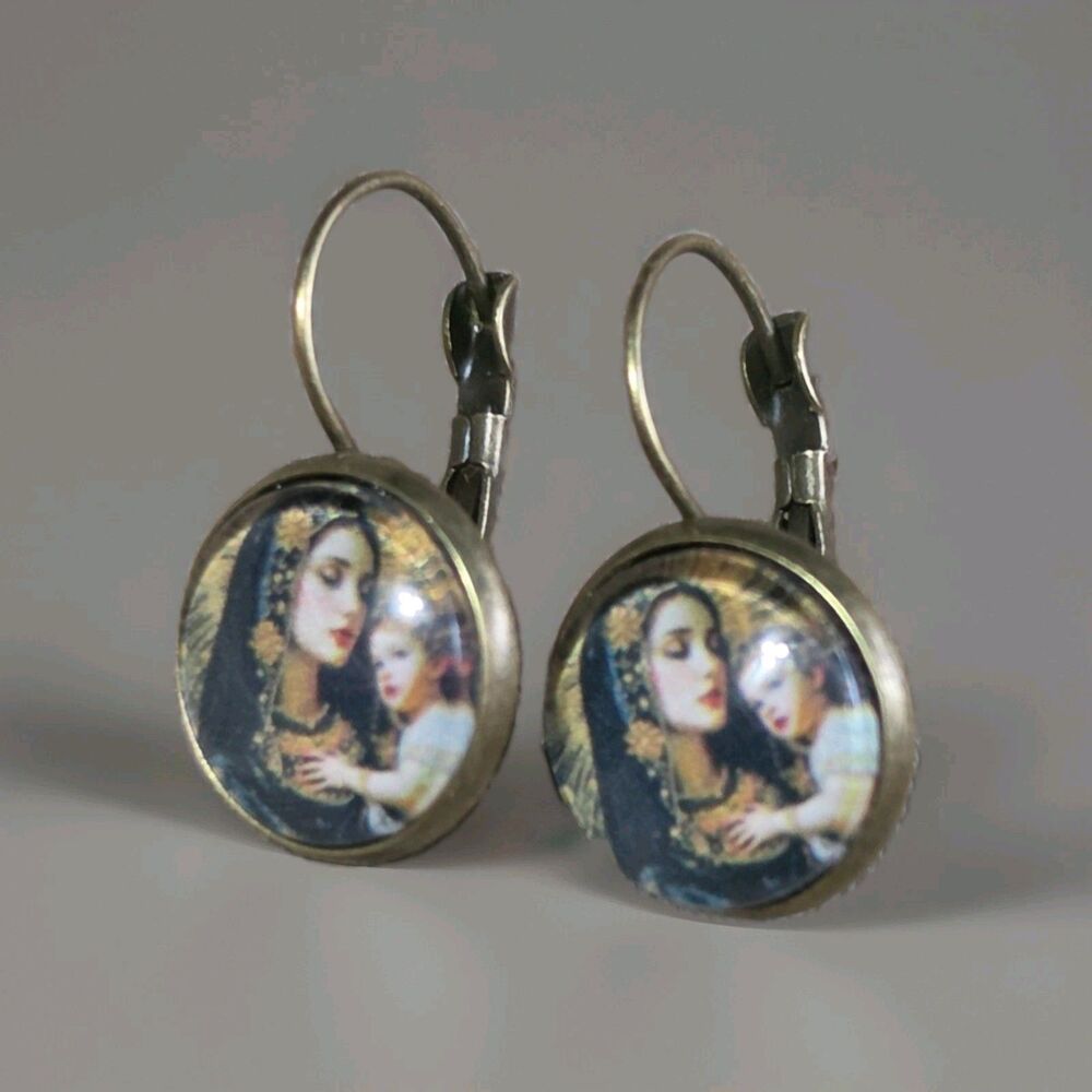 Madonna and Child Glass Cabochon Leverback Earrings Antique Brass Religious Art